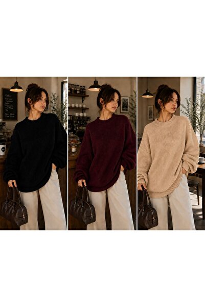 depoxport Women's 3-Piece Premium Crew Neck Oversize Knitwear Sweater Soft Kn...