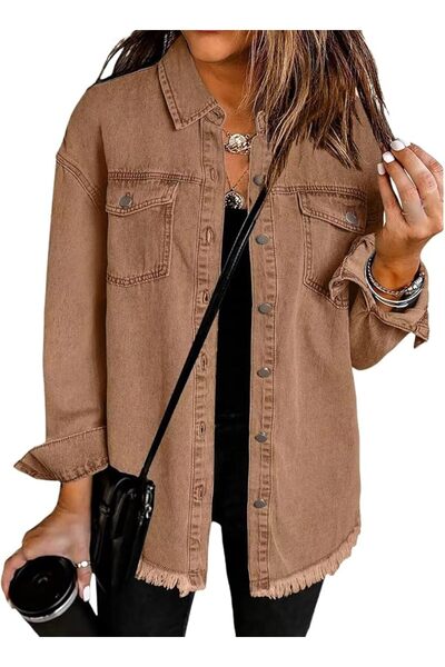 GENERAL Denim Jacket for Women Oversized Boyfriend Jean Jacket Button Up Fray...