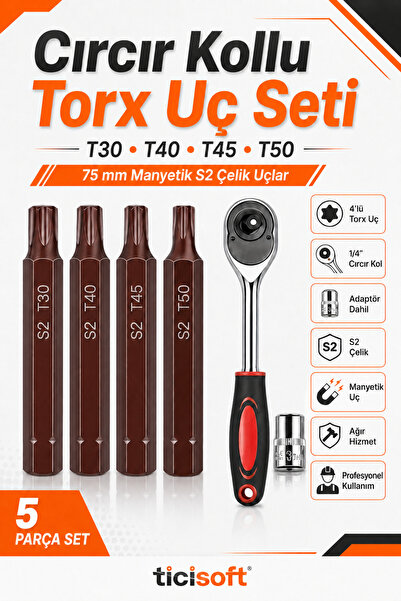 Ticisoft Cırcır Kollu Manyetik Torx Uç Seti 75 mm S2 Çelik T30 T40 T45 T50 4’...