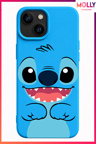 Molly iPhone 13/14 İçin Mavi Stitch Face Desenli İçi Kadife Silikon Kılıf