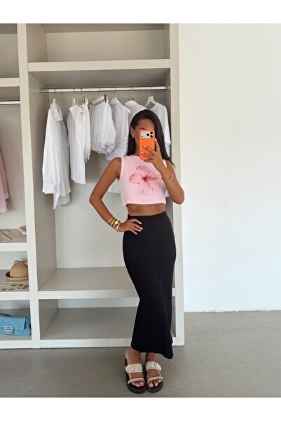 myd Waffle Slit Midi Skirt - Black