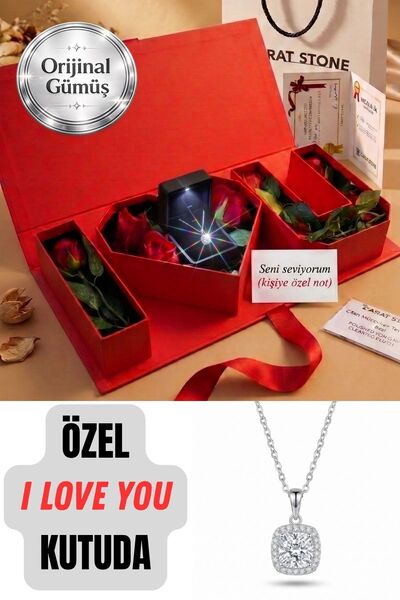 CARAT STONE "I Love You" 925 AYAR GERÇEK GÜMÜŞ KARE HALO KADIN KOLYE , IŞIKLI...