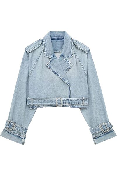 Generic Women's Short Washed Denim Jacket with Belt Lapel Collar Short Denim ...