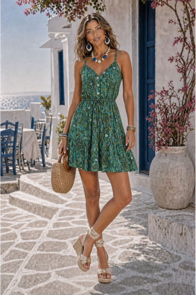 Valeria Butik Women's Patterned Strap Mini Dress Summer V-Neck Casual Dress