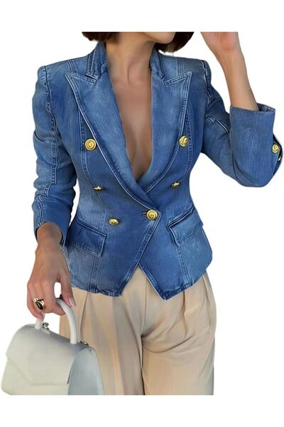 Generic Women's Denim Blazer Notched Lapel Double Breasted Fashion Casual Sli...