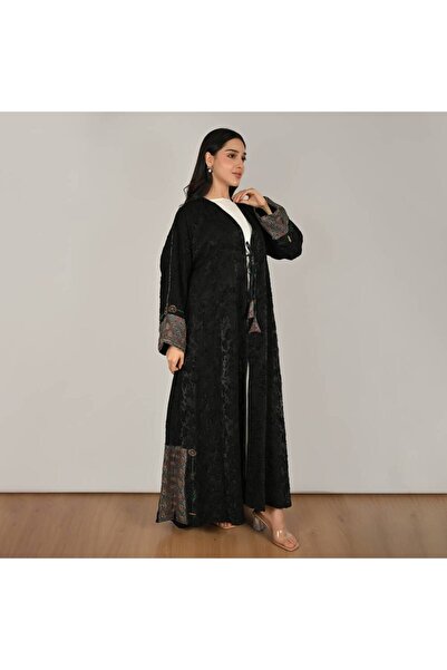 Generic Brand Black Wrap-Around Abaya with Cashmere Inserts and Sophisticated...