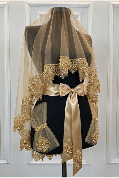 ZEYMERADE Gold Bridal Veil Set, Glass Beads and Sequin Printed Henna Veil Set...