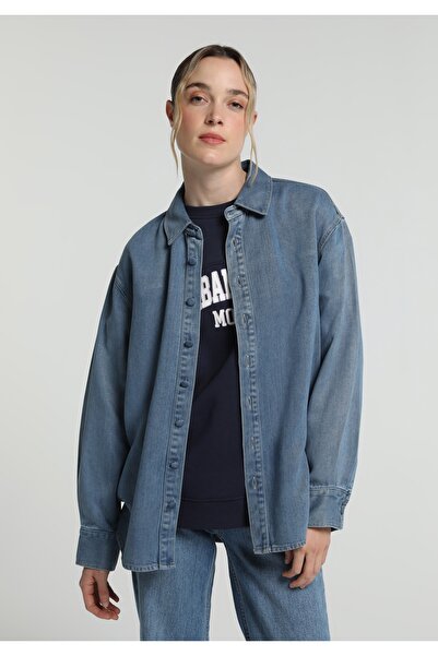 Colin's Oversize Fit Classic Collar Plain Women's Light Indigo Denim Long Sle...