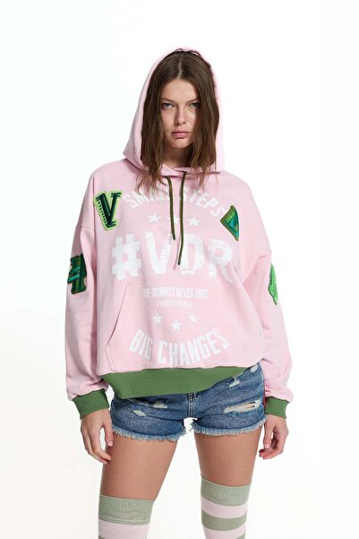 #vdr viadellerose Pink Khaki Emblem and Print Detailed Hooded Oversize Sweats...