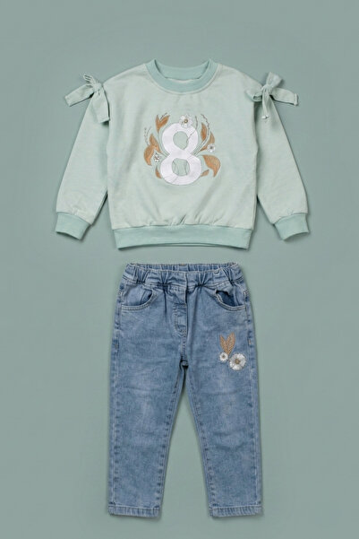 zumino Girls' Bowknot Floral Pattern Sweatshirt and Pants 2-Piece Set