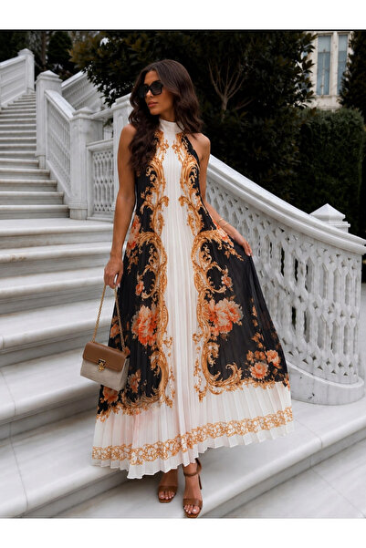 Tencelle Woman Women's Patterned Pleated Long Dress – Stylish Halter Neck Max...