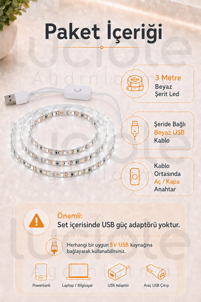 luciole 3 Metre Beyaz USB Şerit LED 5V Aç Kapa Anahtarlı Mutfak TV Masa Raf Powerbank Kamp Led Işık