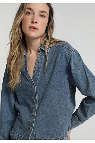 Colin's Oversize Fit Classic Collar Plain Women's Light Indigo Denim Long Sle...