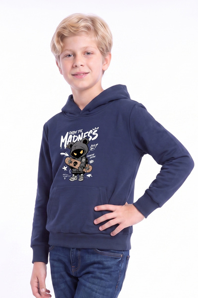 panios kids Erkek Çocuk Baskılı Kanguru Cepli Uzun Kollu Kapüşonlu Sweatshirt