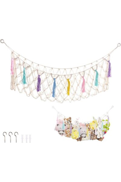 STARSTAR Plush toy storage net, cotton rope hammock style, with hooks, suitab...