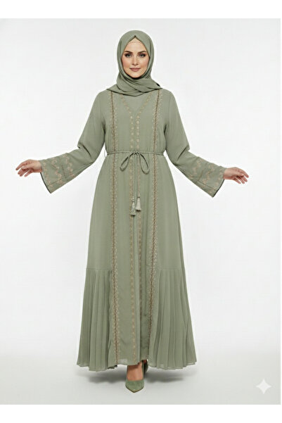 RIZQE Rizqé Pistachio Green Abaya | Bronze Embroidery | Micro-Pleat Side Pane...