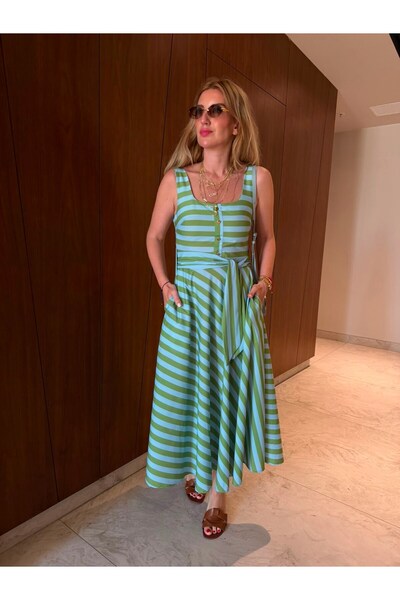 begum mayda Orijinal Model , Yeşil & Mavi Çizgili , Kuşaklı Elbise