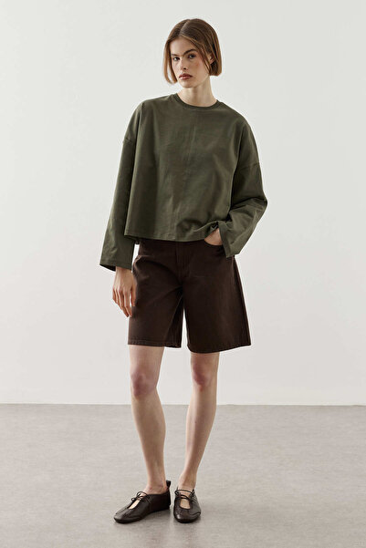 Fahhar Basic Long Sleeve T-Shirt with Front Stitching Khaki