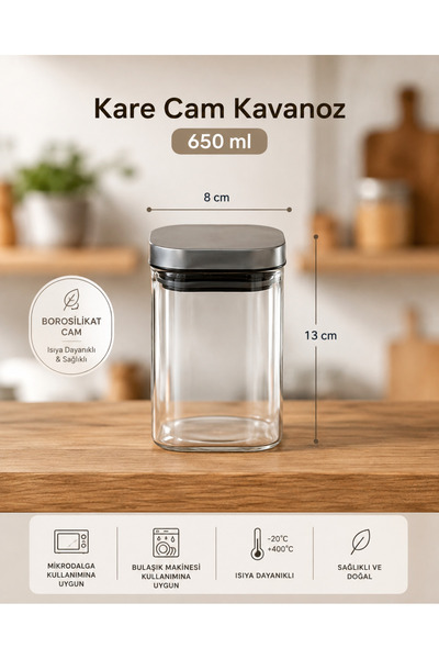 Karçiçeği Home 6’lı 650 ml Kare Borosilikat Cam Kavanoz Seti – Vakumlu Çelik Kapaklı - 8471-2