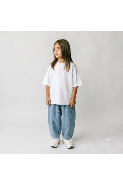 Motebarn Wear Girl's Strawberry Patterned Jean Balloon Pants and Crew Neck Wh...