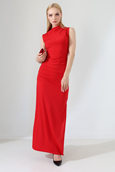 Planet Prestige Brown Draped Turtleneck Slit Long Evening Dress