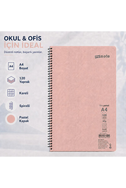 Mynote Flex Pastel A4 120 Yaprak 60 gr Spiralli Kareli Defter