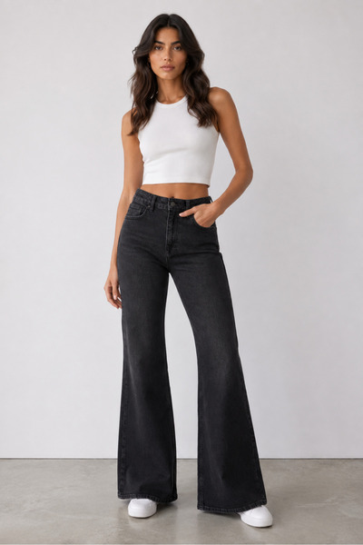 cracpot Women's Smoked Flare Jean Pants – High Waist Spanish Flare 100% Cotto...