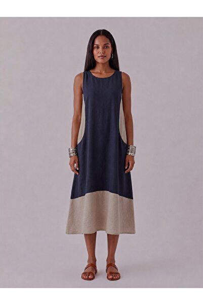 Bold & Young Women's Navy Blue and Beige Combination Modal Fabric Dress with ...