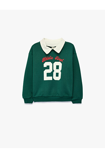 Koton Long Sleeve Printed Cotton Oversize Polo Collar Sweatshirt