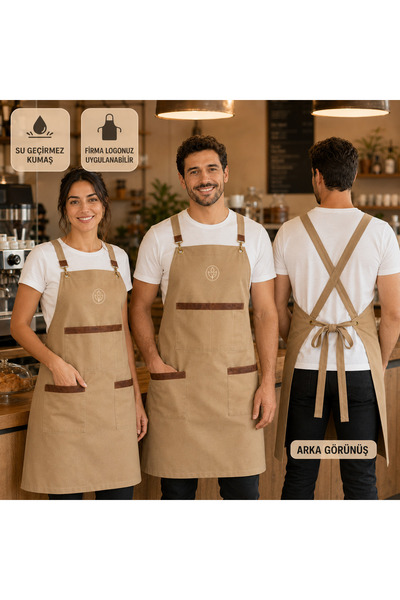 deepsed Barista Önlüğü – Deri Detaylı, Cepli, Firma Logolu Unisex