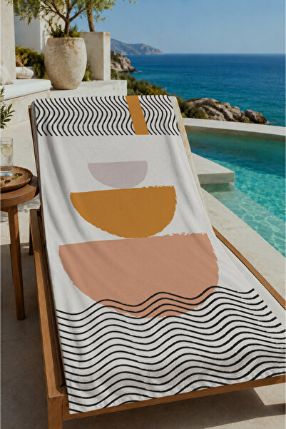 Evmila Beige Black Minimal Geometric Patterned 70X150 Beach Towel - Cotton Ba...