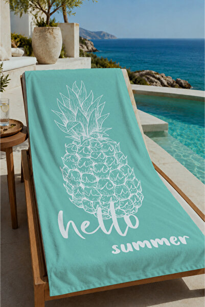 Evmila Turquoise Hello Summer Pineapple Patterned 70X150 Beach Towel - Digita...