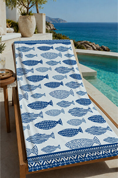 Evmila White Blue Fish Patterned Bordered 70X150 Beach Towel - Digital Printe...