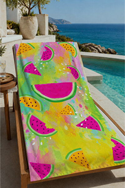 Evmila Green Pink Watermelon Patterned 70X150 Beach Towel - Cotton Bath Towel