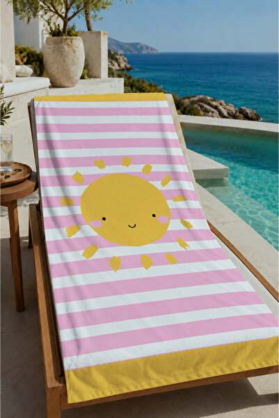 Evmila Pink Striped Smiling Sun Patterned 70X150 Beach Towel - Digital Printe...
