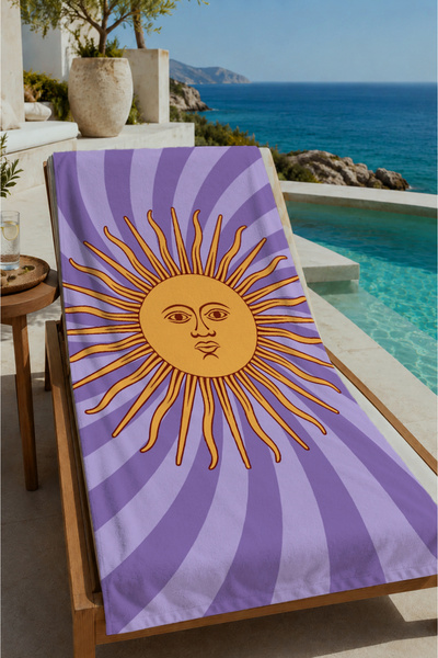 Evmila Purple Ray Sun Face Patterned 70X150 Beach Towel - Digital Printed Bat...