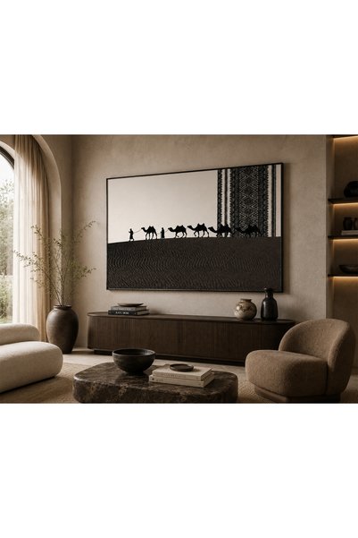 Ghaith Store لوحة كانفس قافلة الجمال الصحراوية الفاخرة – ديكور حائط عربي مودرن للمجلس والصالون ✨