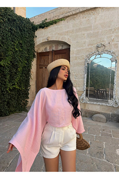 kırmızı butiks Pink Balloon Sleeve Cape Blouse