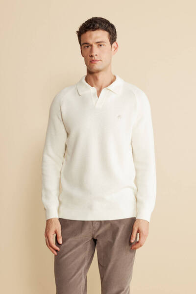 BROOKS BROTHERS Erkek Ekru Yün Karışımlı Düğmesiz Polo Yaka Kazak