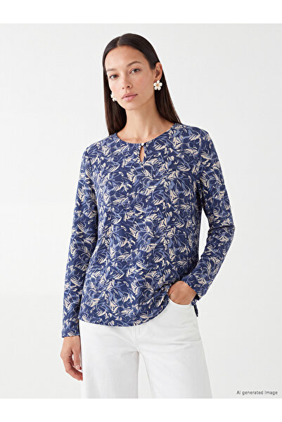 LC Waikiki Peak New Season Navy Blue Crew Neck Patterned Blouse