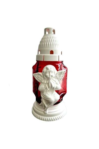 LCA Set 2 x Candela din Sticla cu Ingeras, Rosu cu Alb, 15 Ore