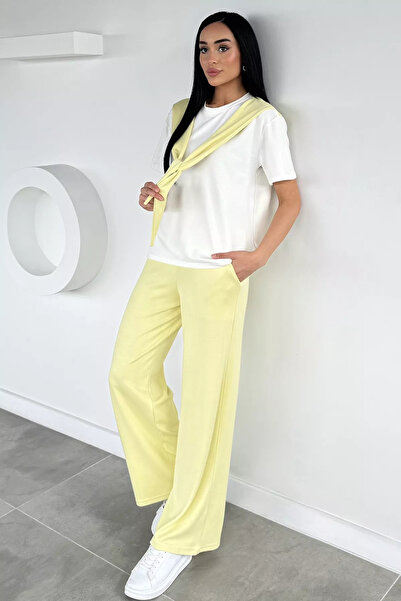 Aryena Yellow Women's Elastic Waist Trousers and Tie-Front Blouse Two-Piece Set