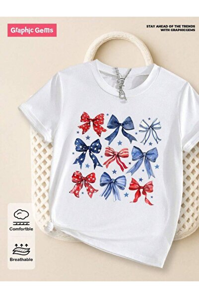 9JY GraphicGems Girl's Red & Striped And Pentagram Print Bow Decor Round Neck...