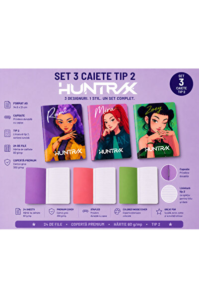Ingift Set 3 Caiete Tip 2, A5 Huntrix - 24 File, Hartie 80 g/mp, Coperta Prem...