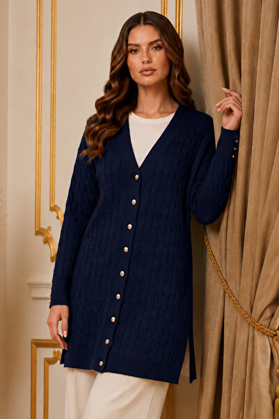 benguen Patterned Mercerized Cardigan N3352 Navy Blue