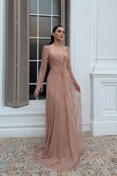 Sindimoda Bağcık Detaylı Simli Dantel Kumaş Abiye 1203