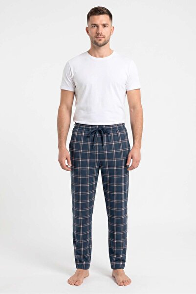 OBJE Men's Navy Blue Plaid Pattern Printed Combed Cotton Modal Pajama Bottoms
