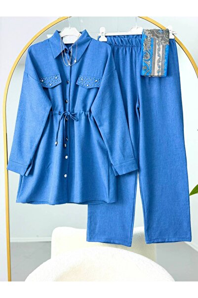 EC MODA Lace-Up Linen Trouser Suit with Stone-Embellished Cap