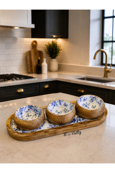 Miss Betty Blue Life 3-Compartment Wooden Oval Presentation Tray Appetizer Sa...