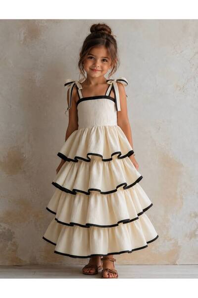 RÜYA KİDS Girl's Layered Birthday Special Day Concept Cream Summer Dress